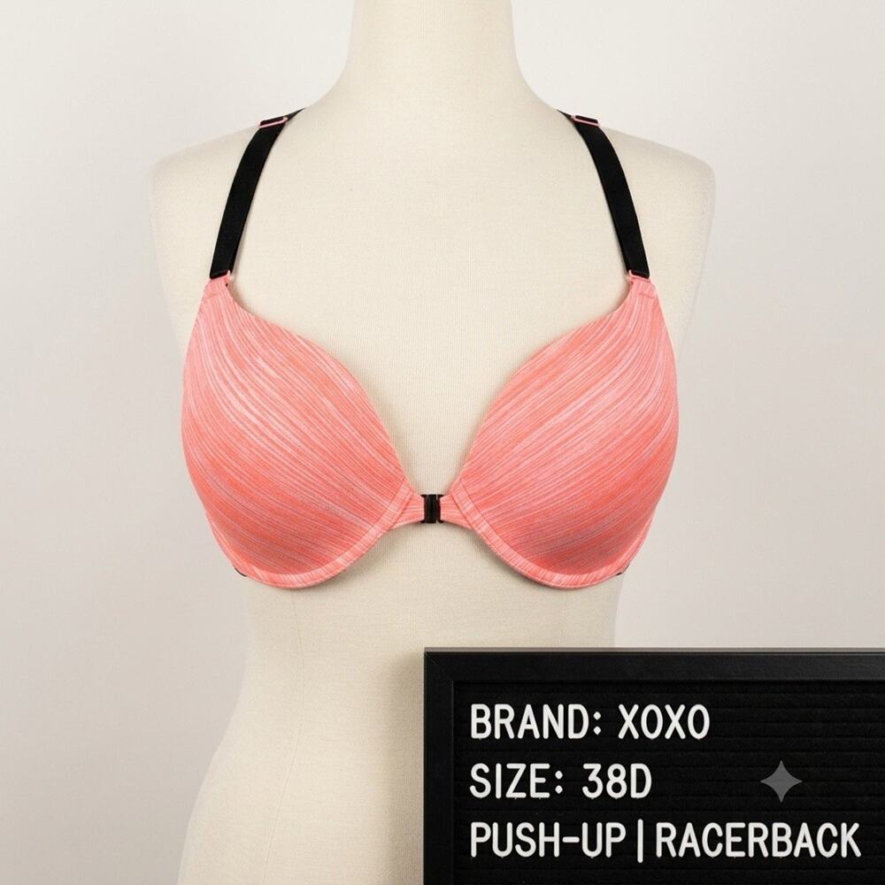 XOXO Front Close Push Up Bra 38D Coral Pink White Heather Space Dye Racerback